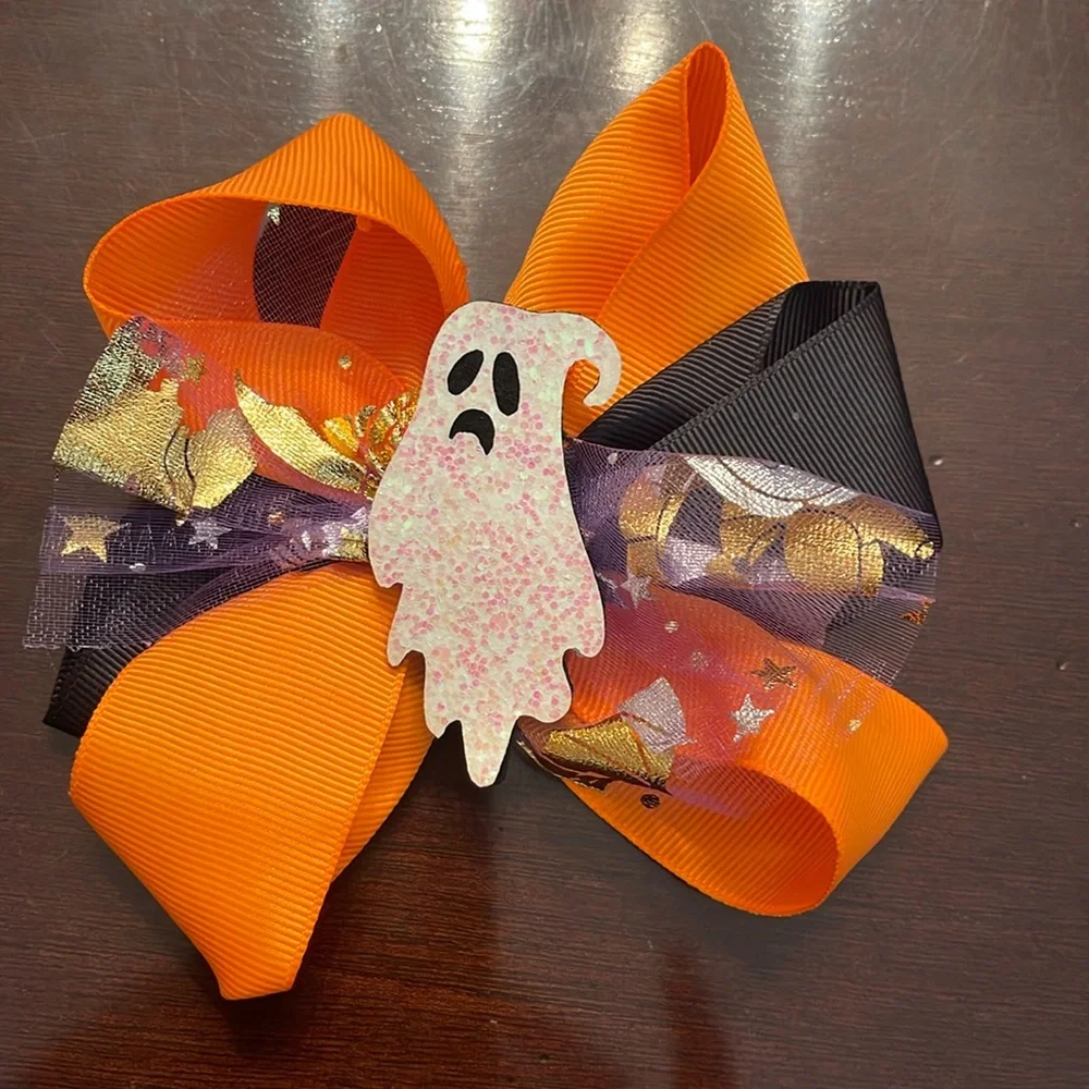 Black and Orange ghost Hair Bow Halloween glitter tulle nwt